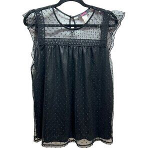 Lorena Rose XS Black Polka Dot Mesh Flutter Sleeve Blouse‎